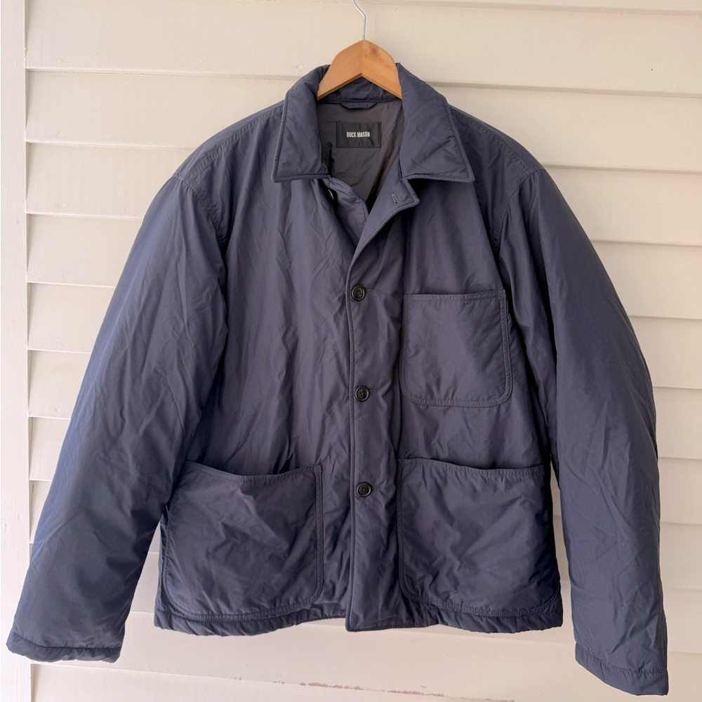 Buck Mason Navy Nylon Button Puffer Jacket Blazer Sport Coat Size L